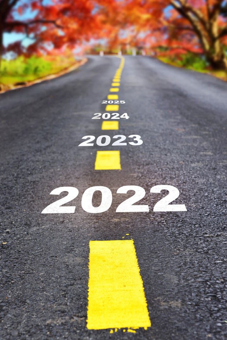Journey to new year 2022 to 2025 on asphalt road surface with autumn season